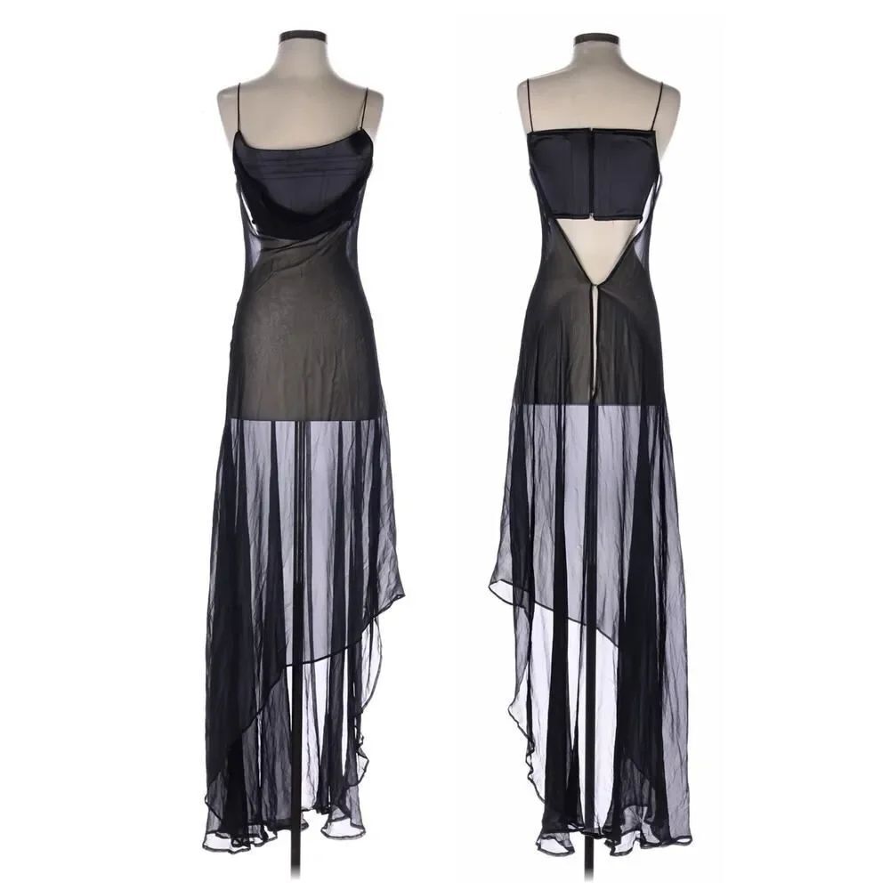 Juan Carlos Pinera Silk Sheer Corset Maxi Dress Black Y2K Open Back S